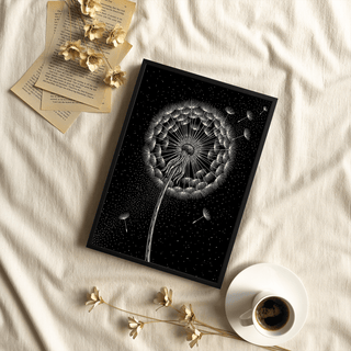 Framed Dandelion Poster with white line-art on black background shown on cream fabric beside coffee cup and dried flowers