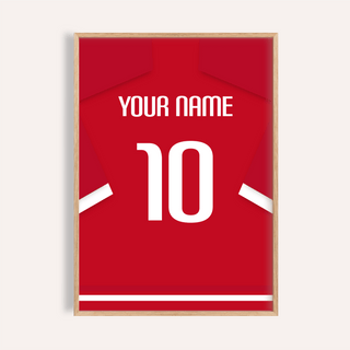 Framed print close-up of a football shirt poster in red with white sleeve stripes and number 10