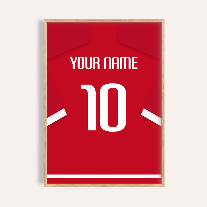 Framed print close-up of a football shirt poster in red with white sleeve stripes and number 10