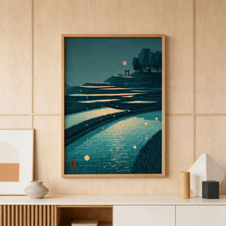 Tranquil Rice Field Poster on a wood panelled wall above a shelf with decorative vases