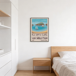 Island Vacation Poster print of a vintage sailboat scene above a bedside table in a bedroom
