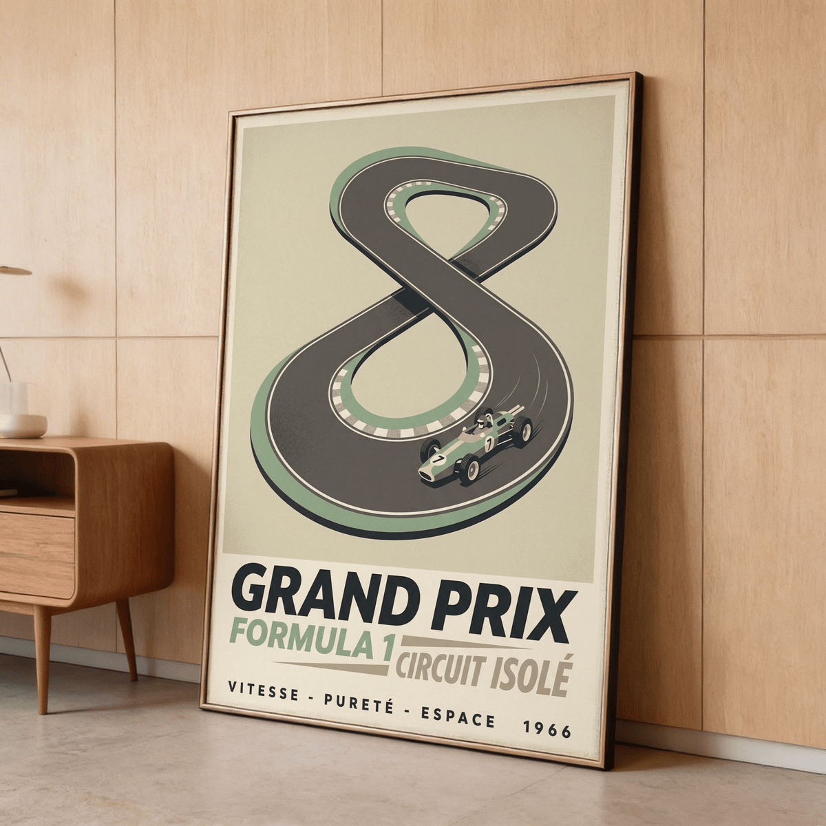 Framed print close-up of vintage race car wall art with minimalist retro track leaning on a wooden floor
