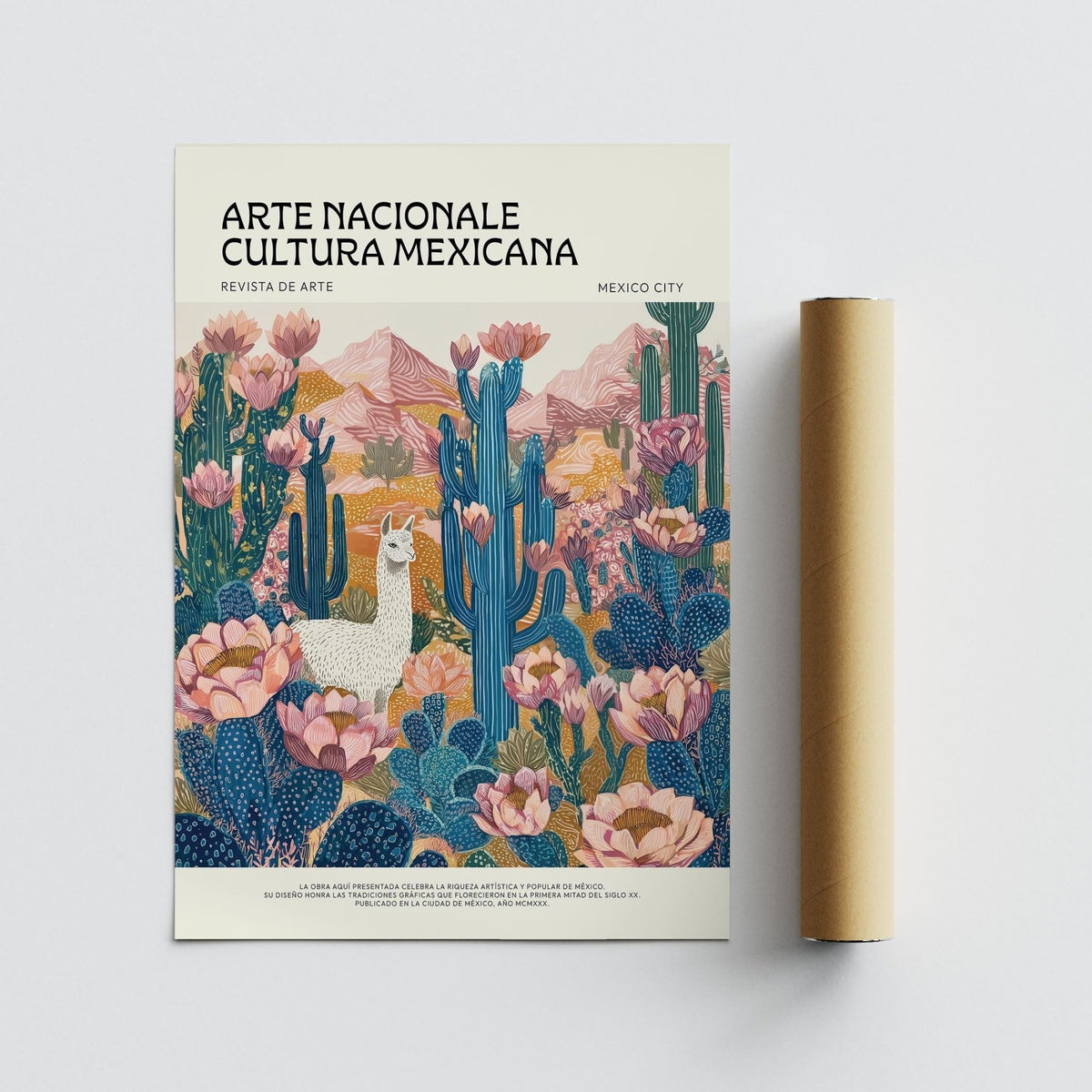 Mexican wall decor print with white llama among pink and blue cacti next to a packaging tube