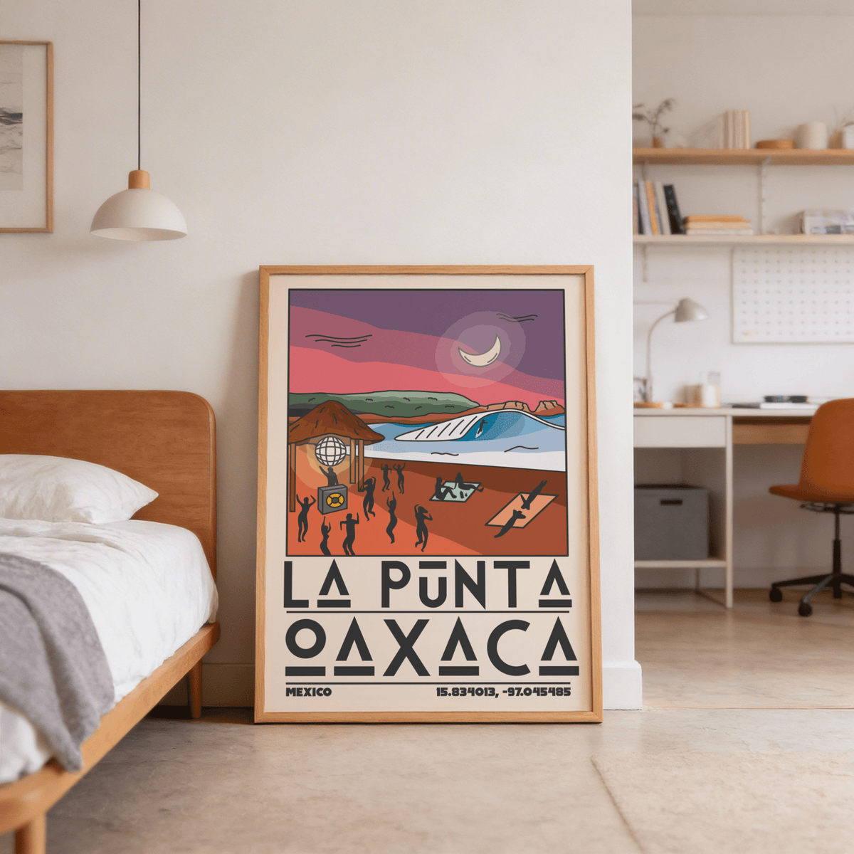 La Punta Oaxaca wall art with sunset beach scene and purple sky leaning against a bedroom wall