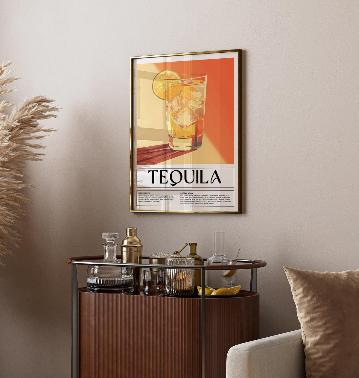 Home Bar wall decor of tequila cocktail illustration with lime in a gold frame above a bar cart