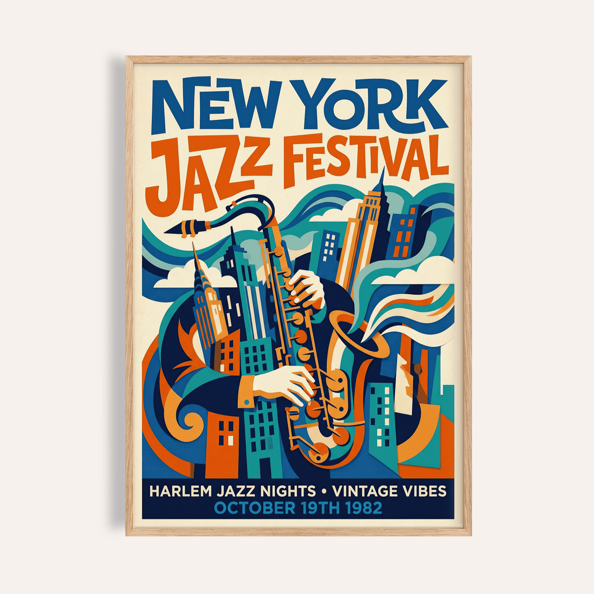 New York jazz festival wall art print with saxophone player and city skyline illustration