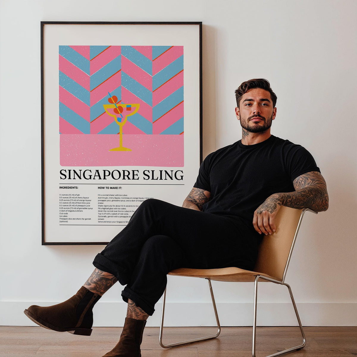 Drinks Art print of Singapore Sling cocktail in pink and blue chevron pattern behind a man seated on a chair