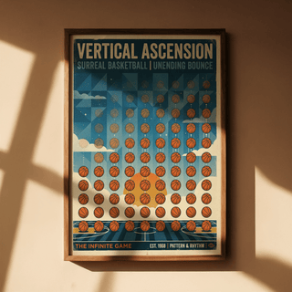 Abstract Sports Wall Art framed print of a basketball bounce pattern in blue and orange with text in a shadowed setting