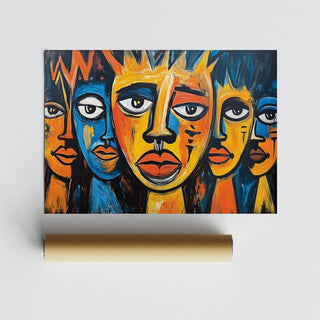 Close-up of tribal expressionist faces artwork with orange, blue and yellow tones above a brown paper tube