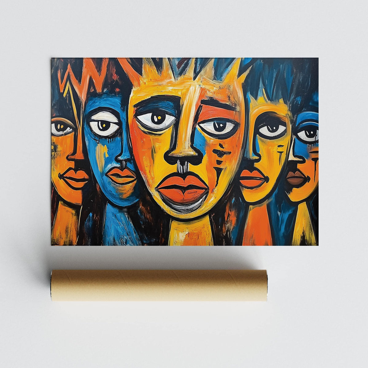 Close-up of tribal expressionist faces artwork with orange, blue and yellow tones above a brown paper tube