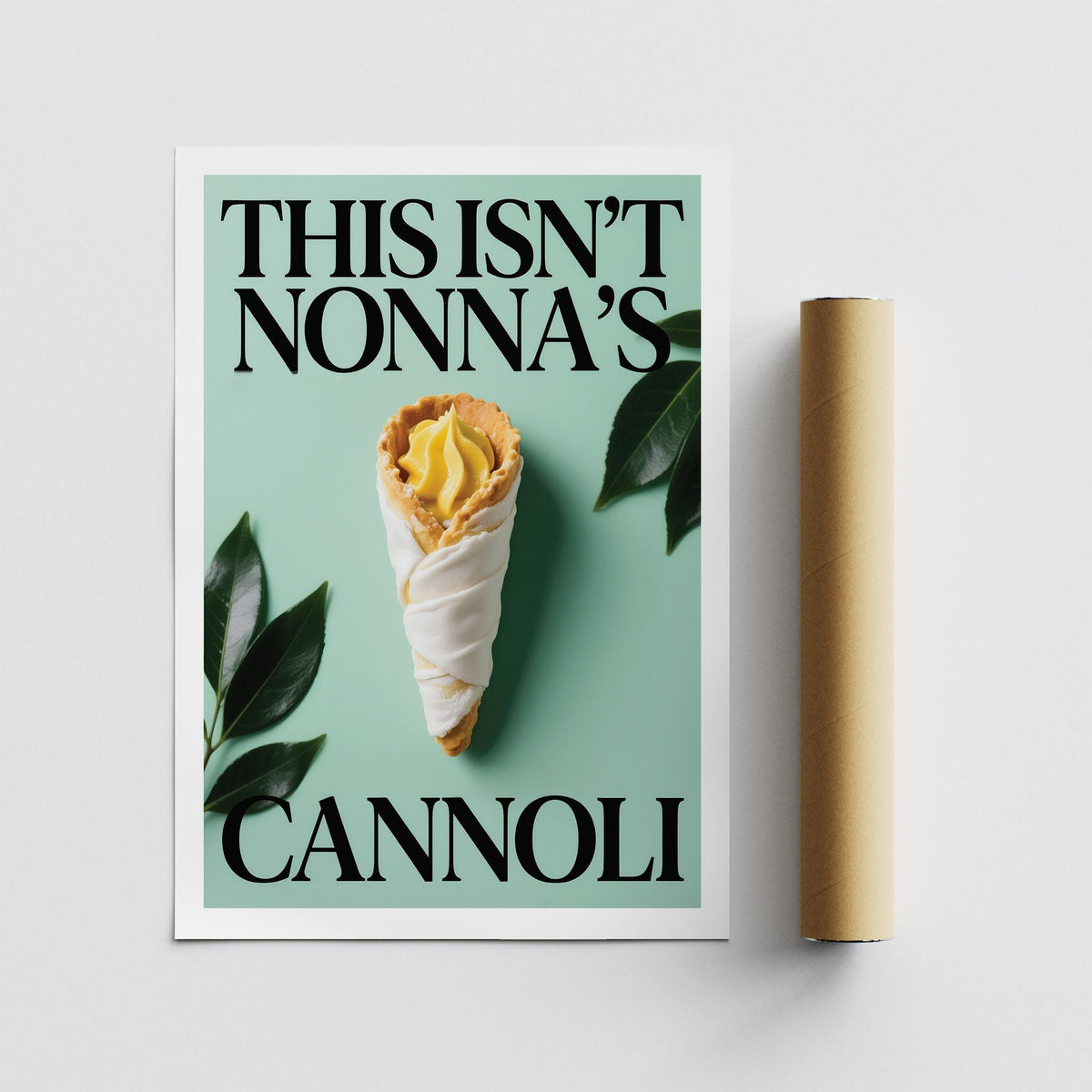 Italian Kitchen Art flat artwork with a cannoli pastry and text on a pale green background alongside a packaging tube