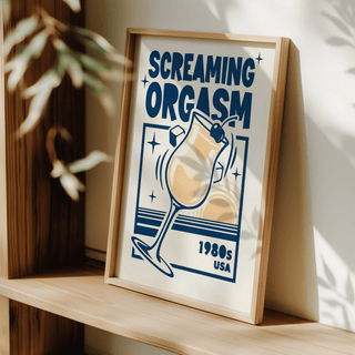 Framed Retro Cocktail Poster of a screaming orgasm cocktail in blue and cream tones leaning on a shelf with a plant