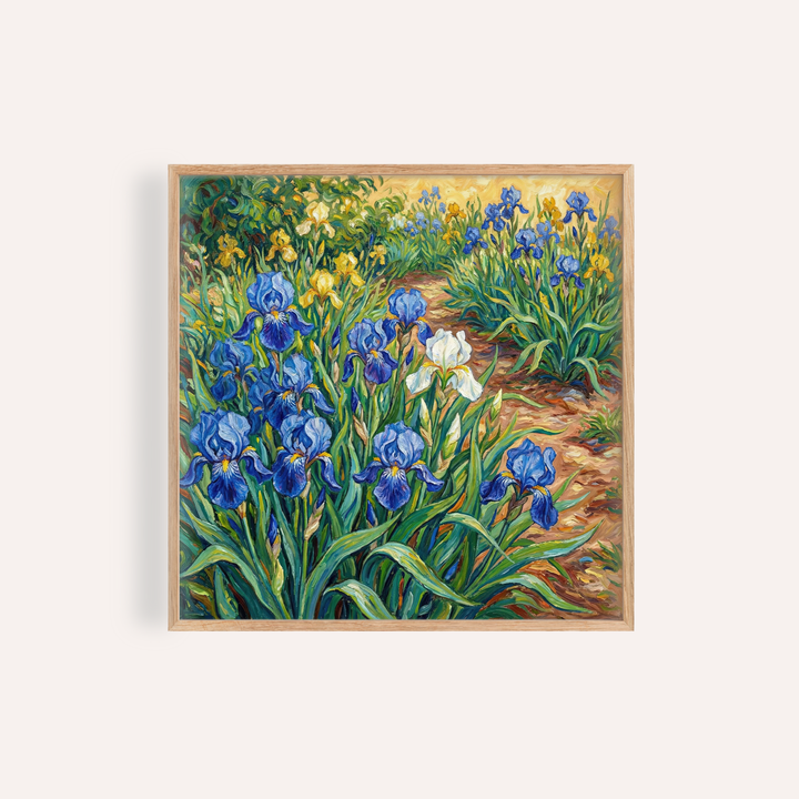 Blue Iris Art Print of blue and yellow iris flowers in a garden scene with green leaves