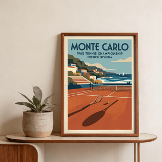 Framed tennis championship art print with retro court scene and plant on table