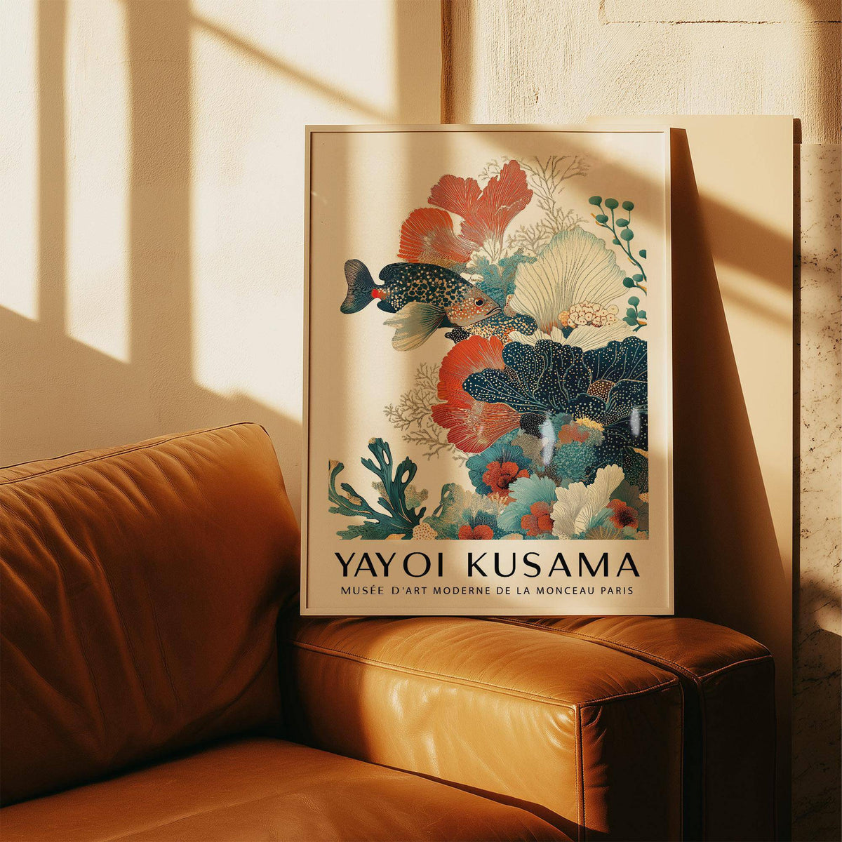 Framed Tropical Fish Poster with colourful reef fish and coral leaning on a leather sofa