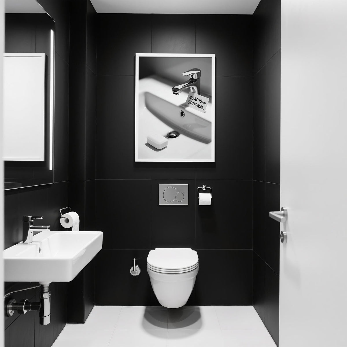 Print on a wall in a black and white minimalist bathroom above a toilet with toilet paper
