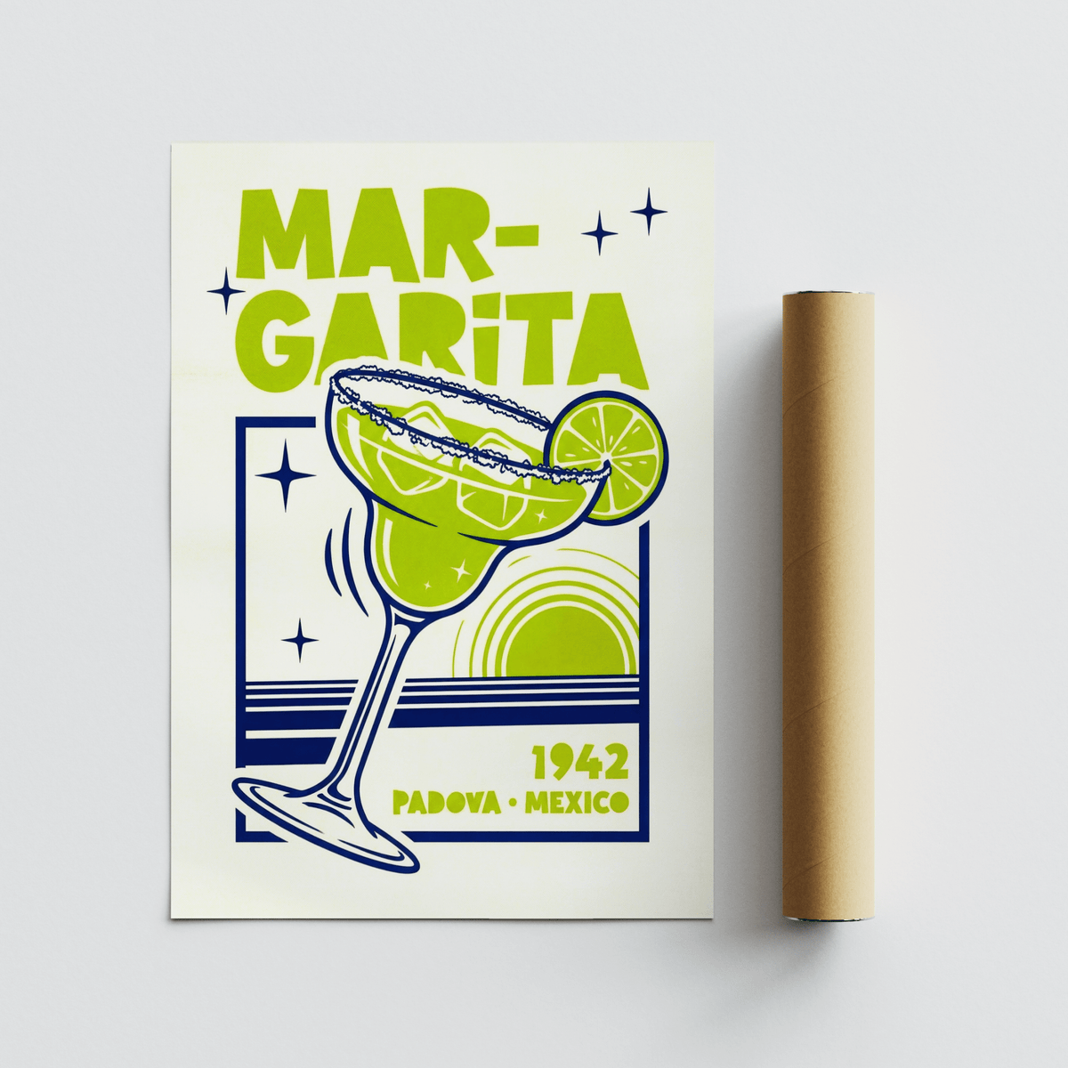 Margarita Art with a lime green and navy illustration of a margarita glass next to a brown packaging tube