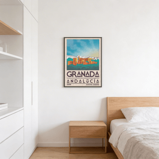 Spanish City Poster print of the Alhambra fortress illustration in warm tones hanging above a wooden bedside table in a bedroom