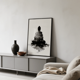 Print leaning on a shelf of a meditating Buddha silhouette in black and grey next to a dark vase and brown bowl