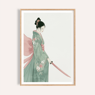 Framed print of a Japanese woman with katana in soft green and pink colours