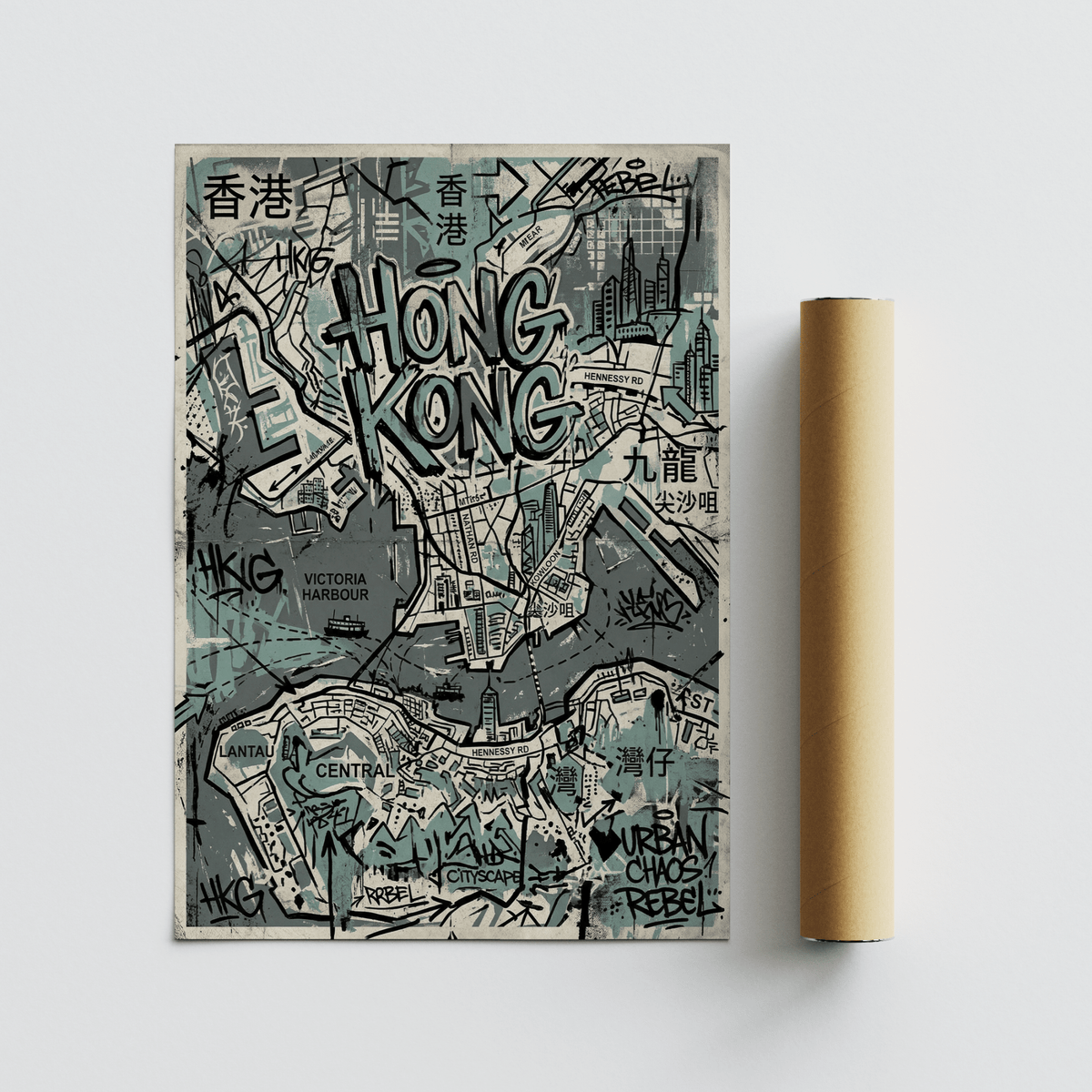 Hong Kong map wall art print with graffiti style details and a brown packaging tube nearby