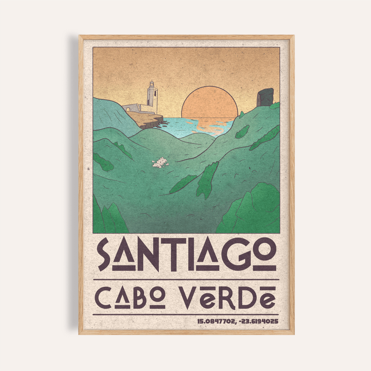 Framed Santiago Cabo Verde Art Print of a sunset over green coastal hills with a lighthouse detail