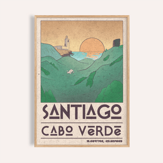 Framed Santiago Cabo Verde Art Print of a sunset over green coastal hills with a lighthouse detail