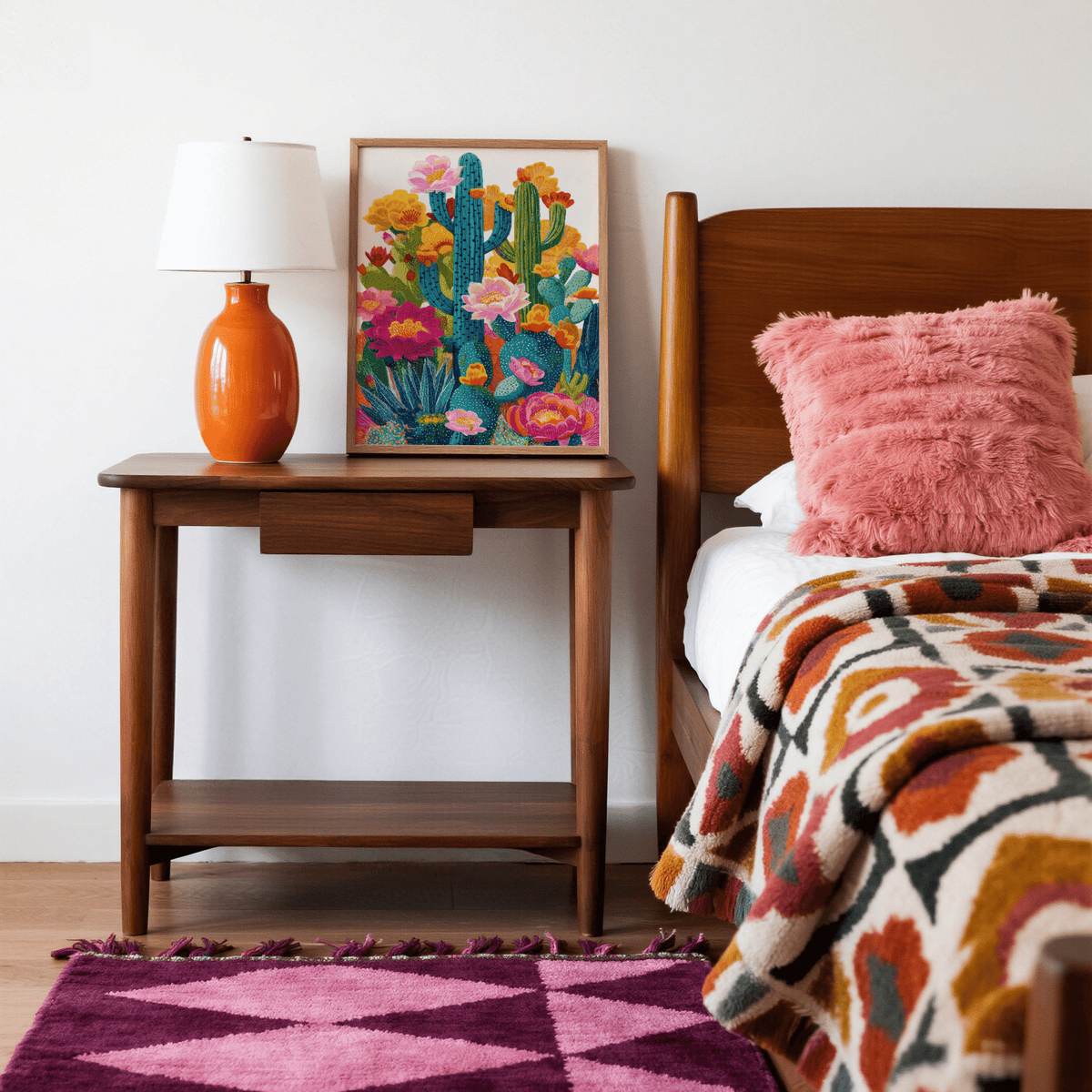 Print of cactus flower art with vibrant blue and yellow tones leaning on a wooden bedside table beside an orange lamp