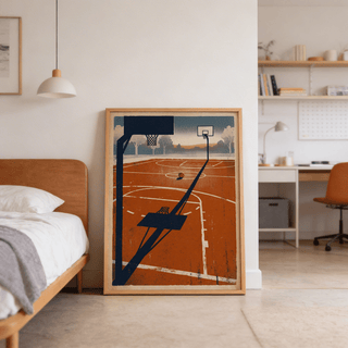 Outdoor Sports Wall Art leaning on the floor showing a minimalist basketball court in orange and blue in a bedroom