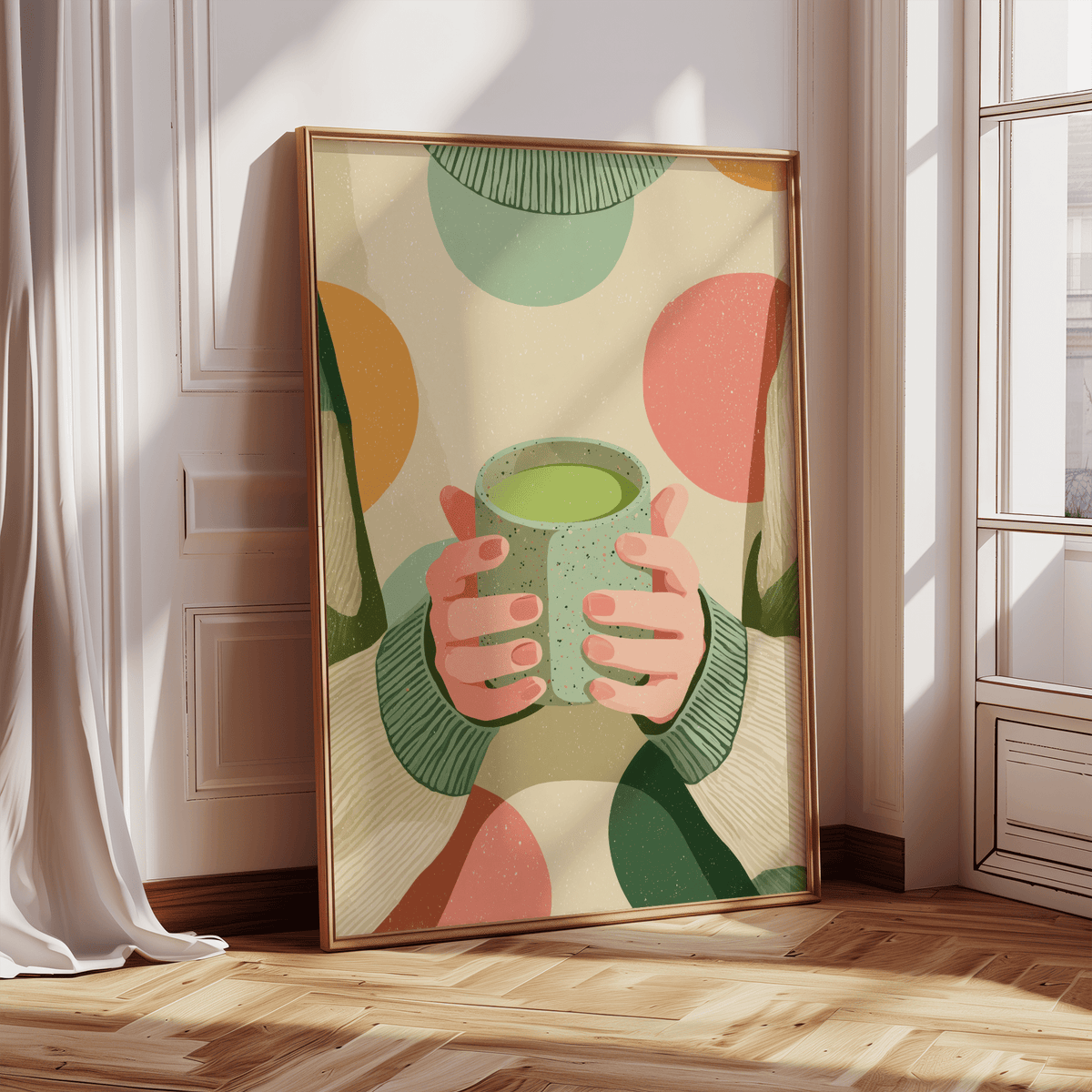 Framed print close-up of hands holding matcha cup in soft green and pink tones leaning on floor by a window