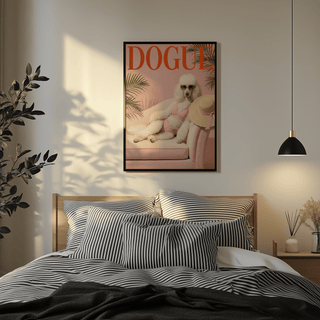 Pink Poodle Print in a black frame on a bedroom wall with striped bedding and a hanging lamp