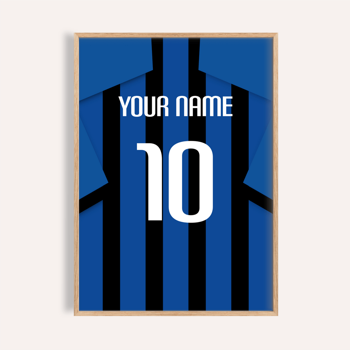 Framed close-up of football shirt poster in blue and black stripes with white text and number