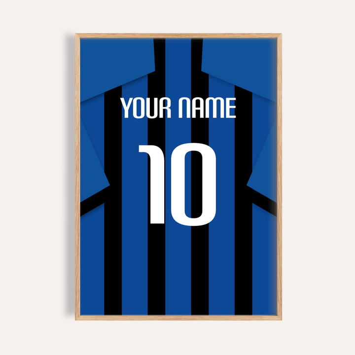 Framed close-up of football shirt poster in blue and black stripes with white text and number