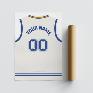 White basketball jersey print with blue numbers shown flat next to a brown packaging tube