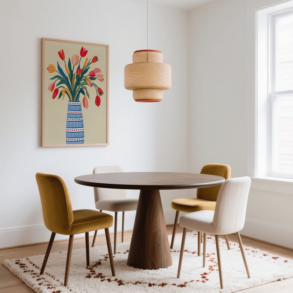 Floral Vase Art print on a dining room wall with mustard and cream chairs and a round wooden table