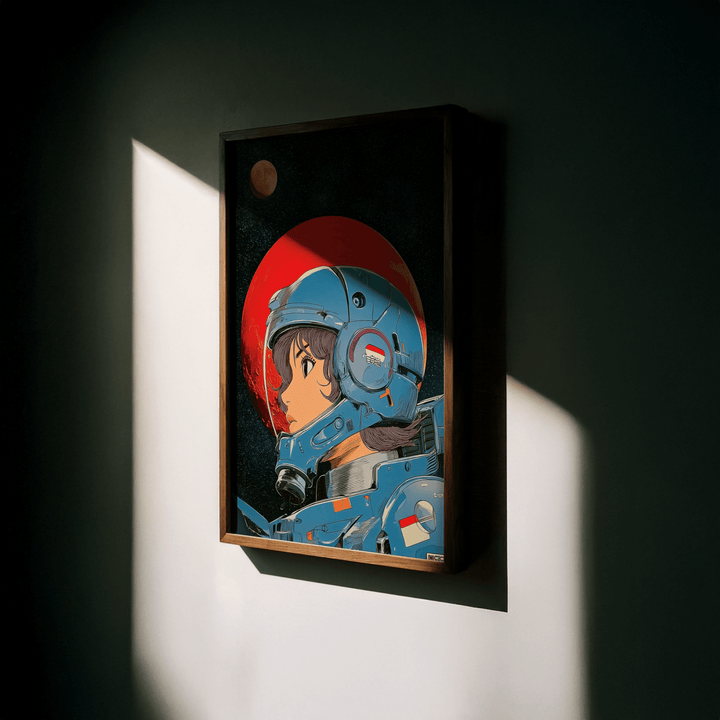Framed Space Girl Art close-up of a female astronaut in blue helmet with red planet background in shadow