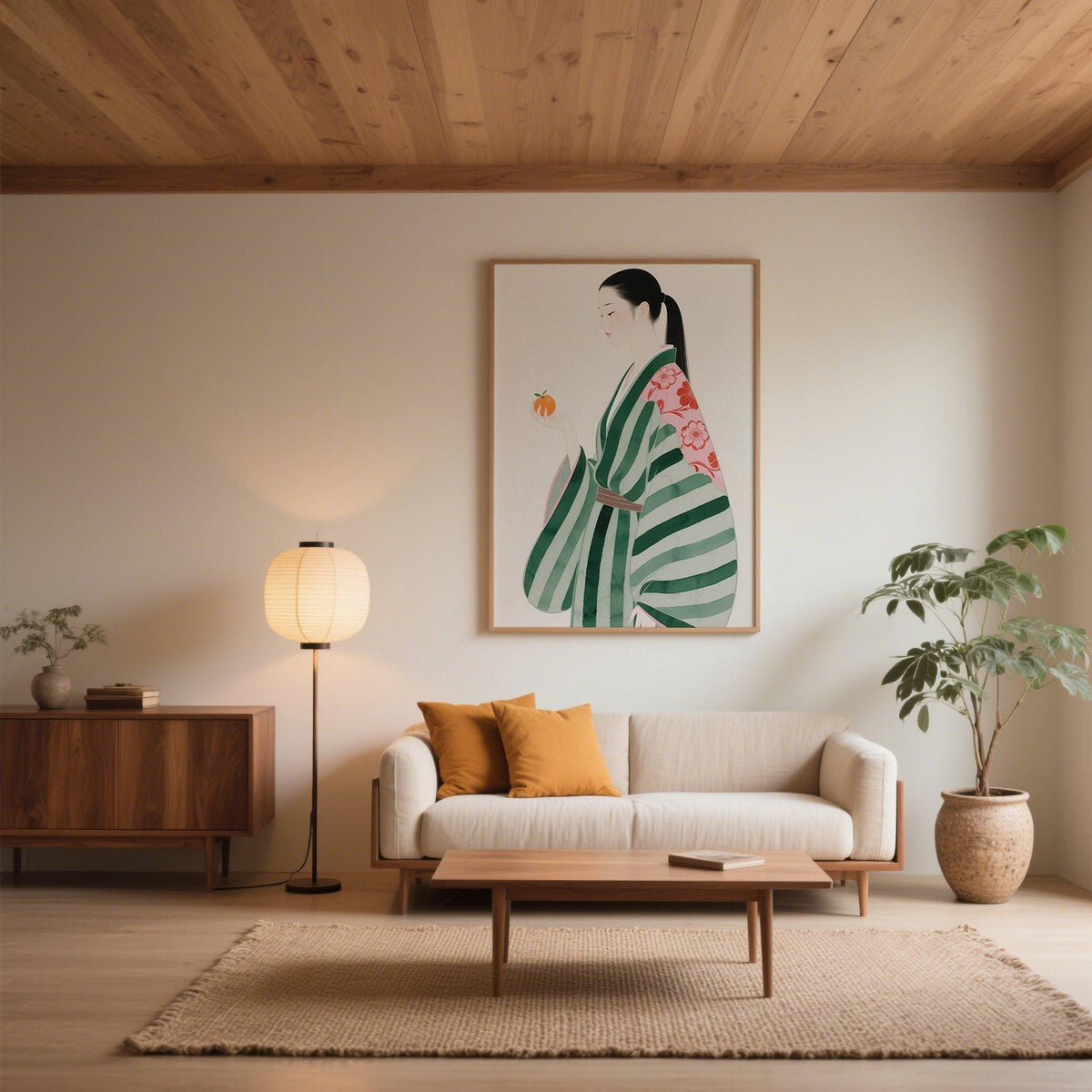 Unique wall art for living room showing a woman in a green striped kimono holding an orange above a sofa