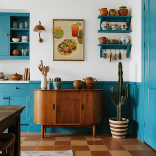 Tacos Art Print on a white wall above a wooden sideboard in a colourful kitchen