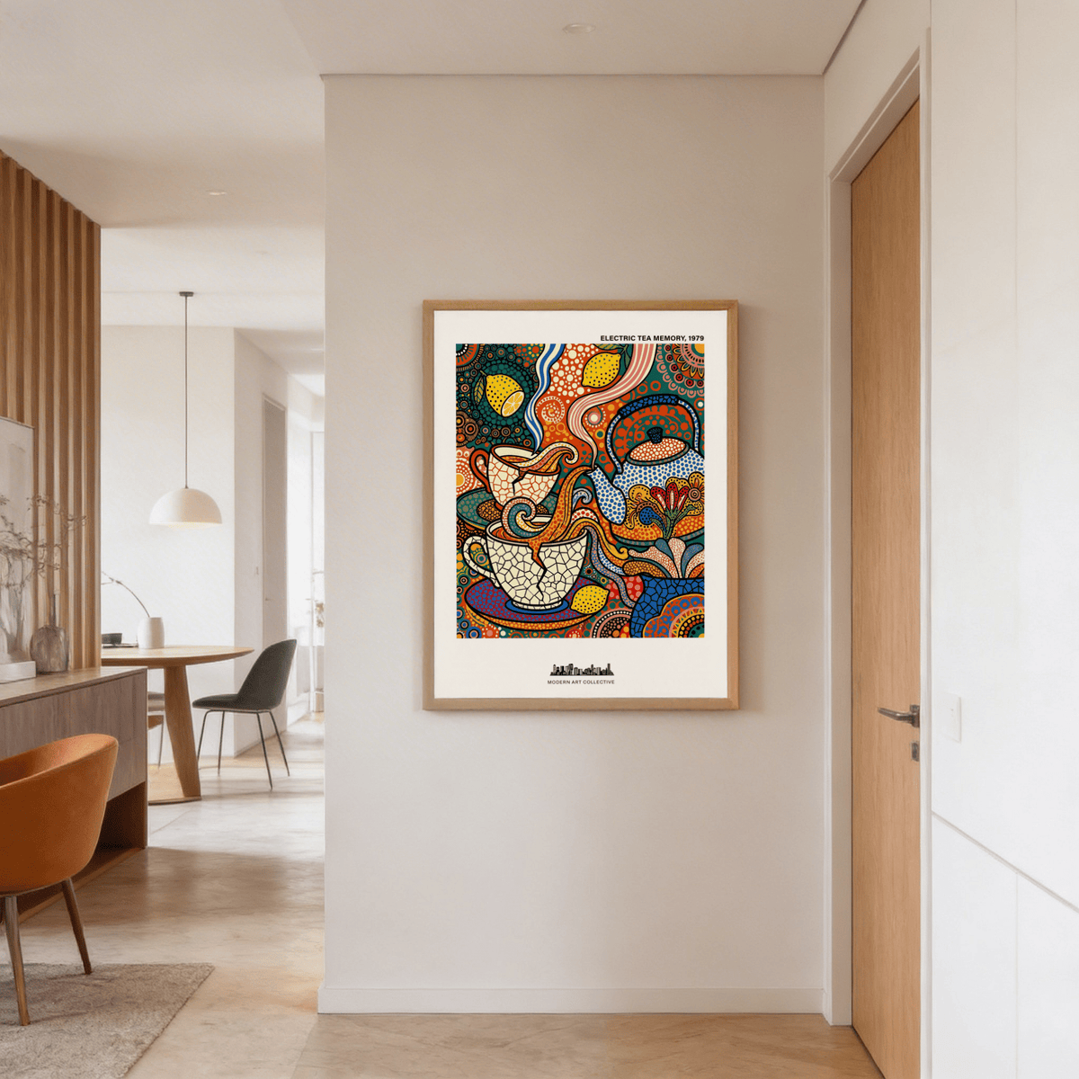 Tea Time wall art with abstract tea cups and teapot in orange and blue on a hallway wall