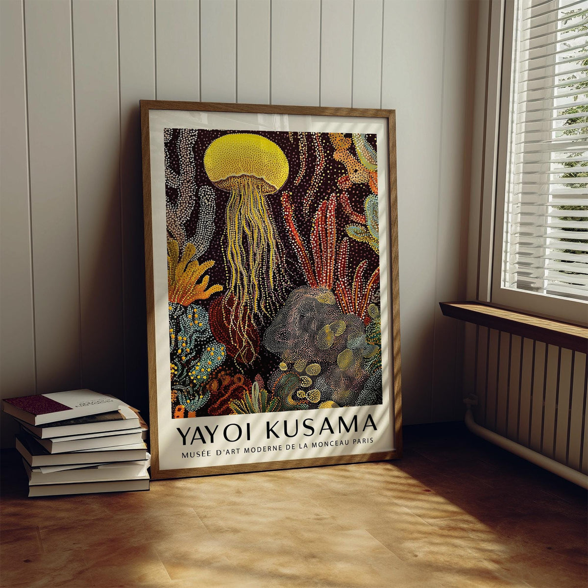 Jellyfish poster leaning on a wooden floor next to a pile of books with light from nearby window