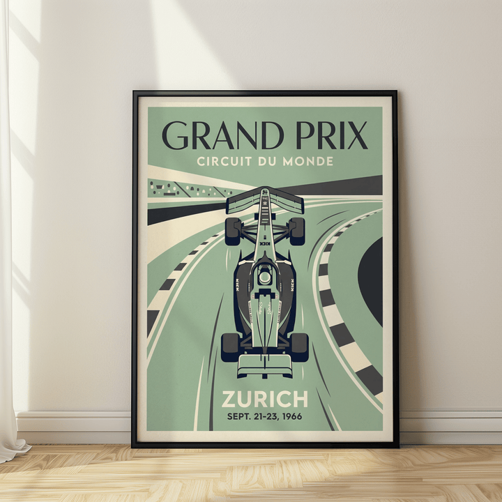 Framed Circuit Of Zurich Print of a race car in green and black leaning on a wooden floor near a curtain