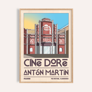 Madrid Landmark Poster of Cine Dore cinema facade in red and blue vintage style