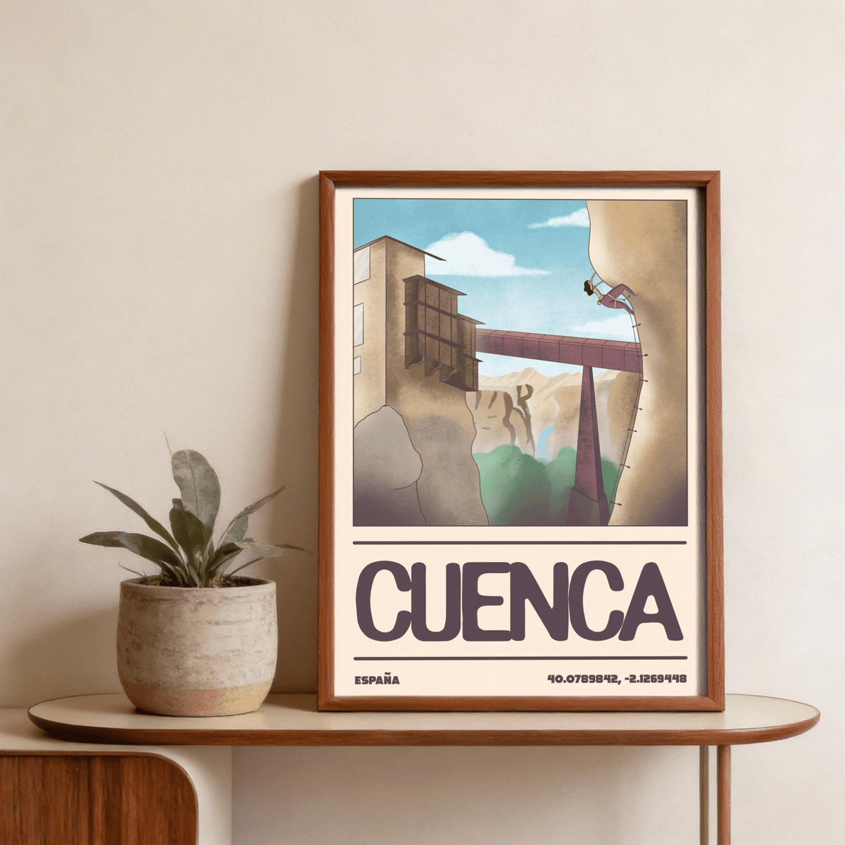 Rock climbing poster framed print with a minimalist illustration of a climber on a rock face and a bridge beside