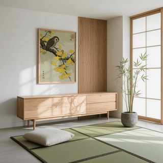 Owl and Ginkgo print hanging above a wooden sideboard in a minimalist room with a green mat and potted plant