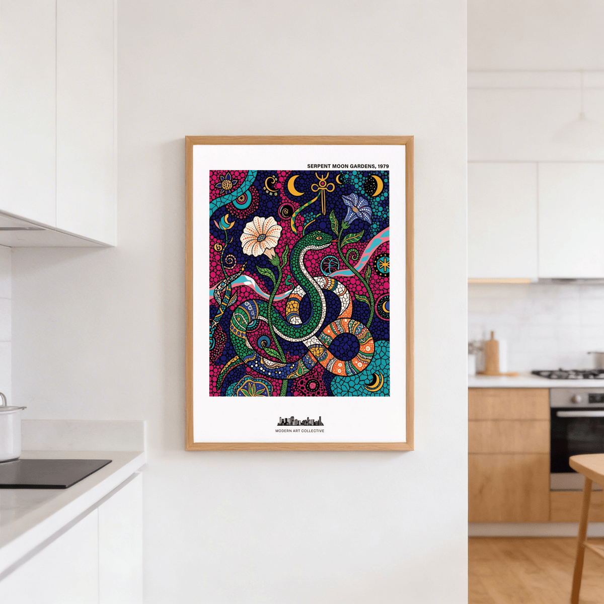 Snake wall art with colourful decorative serpent and floral shapes in a kitchen