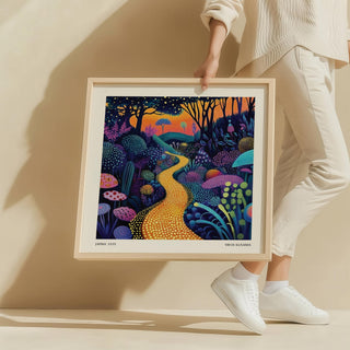 Polka Dot Pop Art held print showing a golden forest path with vivid purple and blue foliage