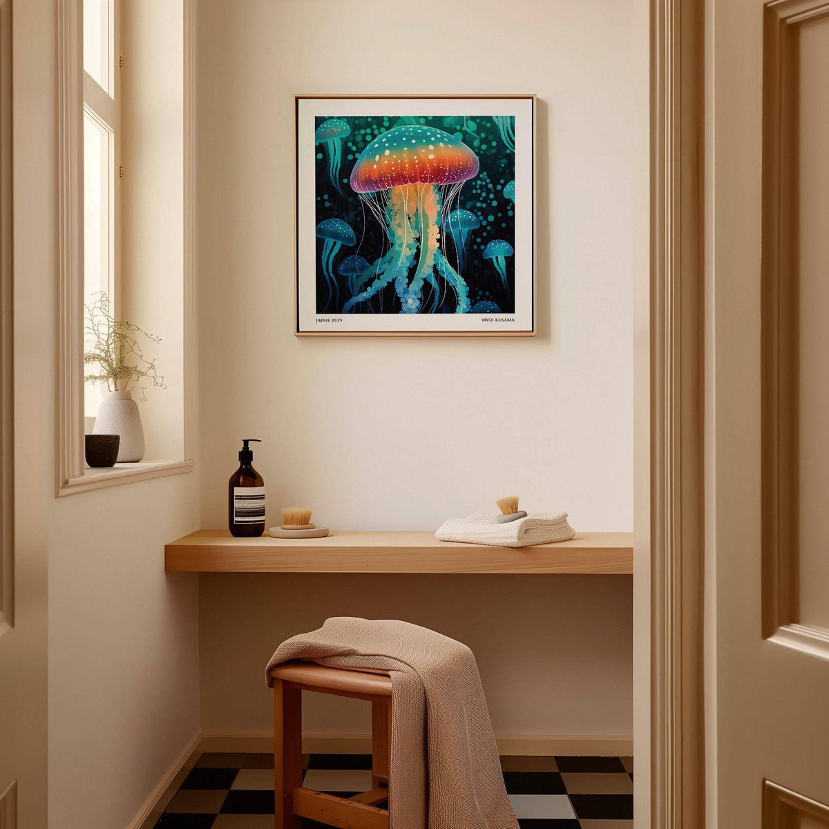 Art Unique Wall rainbow jellyfish print with bright colours above a wooden shelf in a hallway