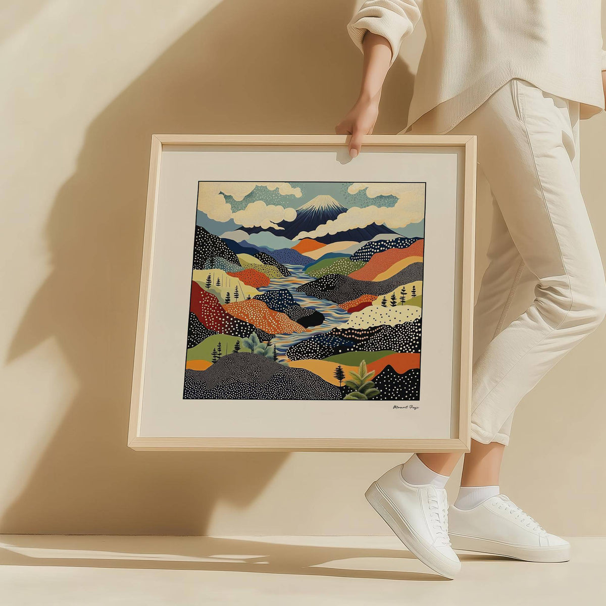 Framed Japanese Art Prints showing an abstract mountain landscape in mid-century style held by a person in white