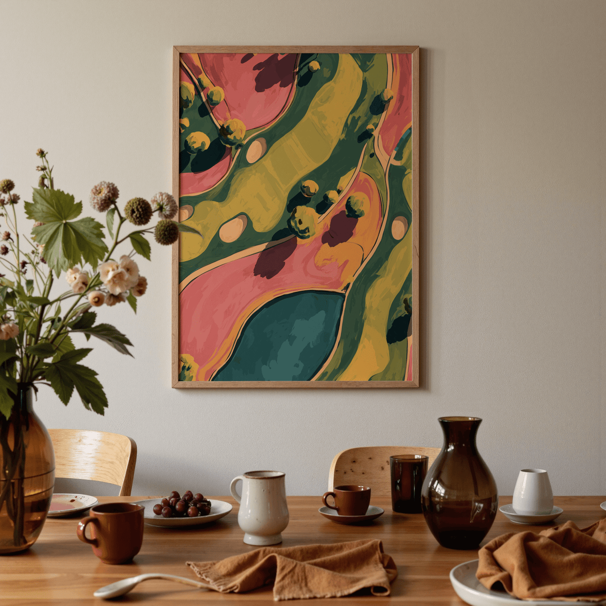 Modern Golf Aerial Poster print on a dining room wall with a vase and tableware on a wooden table