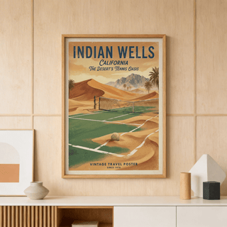 Vintage Tennis Poster framed print of a tennis court in desert tones above a cabinet with ceramics in a wood-panelled room